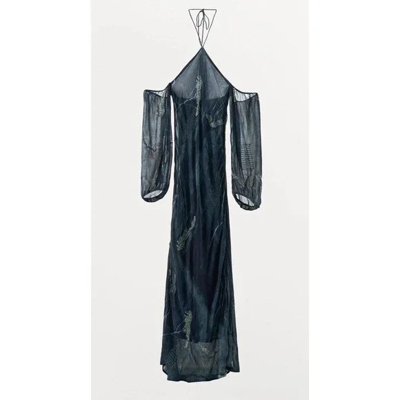 Zara | Dresses | Zara Woman Nwt Blue Halter Neck Dress With Metallic Thread  Beads Medium 377917 | Poshmark